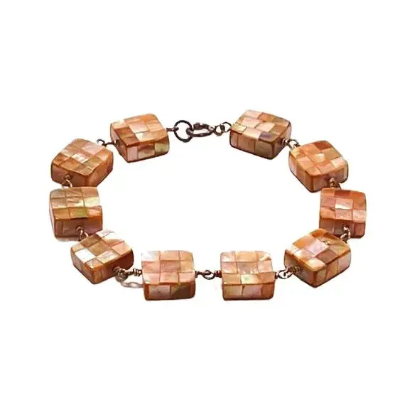 Vintage 925 Sterling Silver Mother of Pearl Mosaic Chunky Bracelet, 7 L